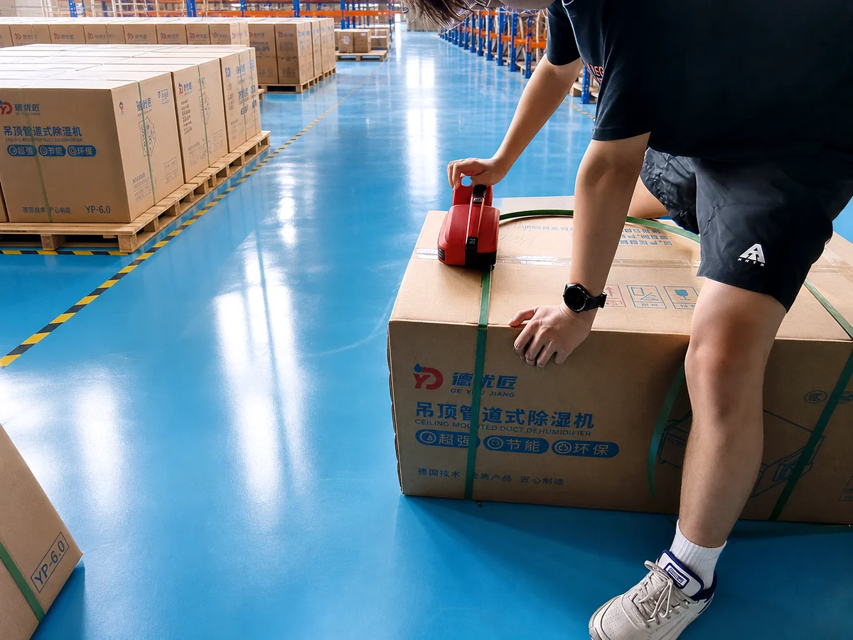 Ducted humidity-control equipment prepared for packing and shipment
